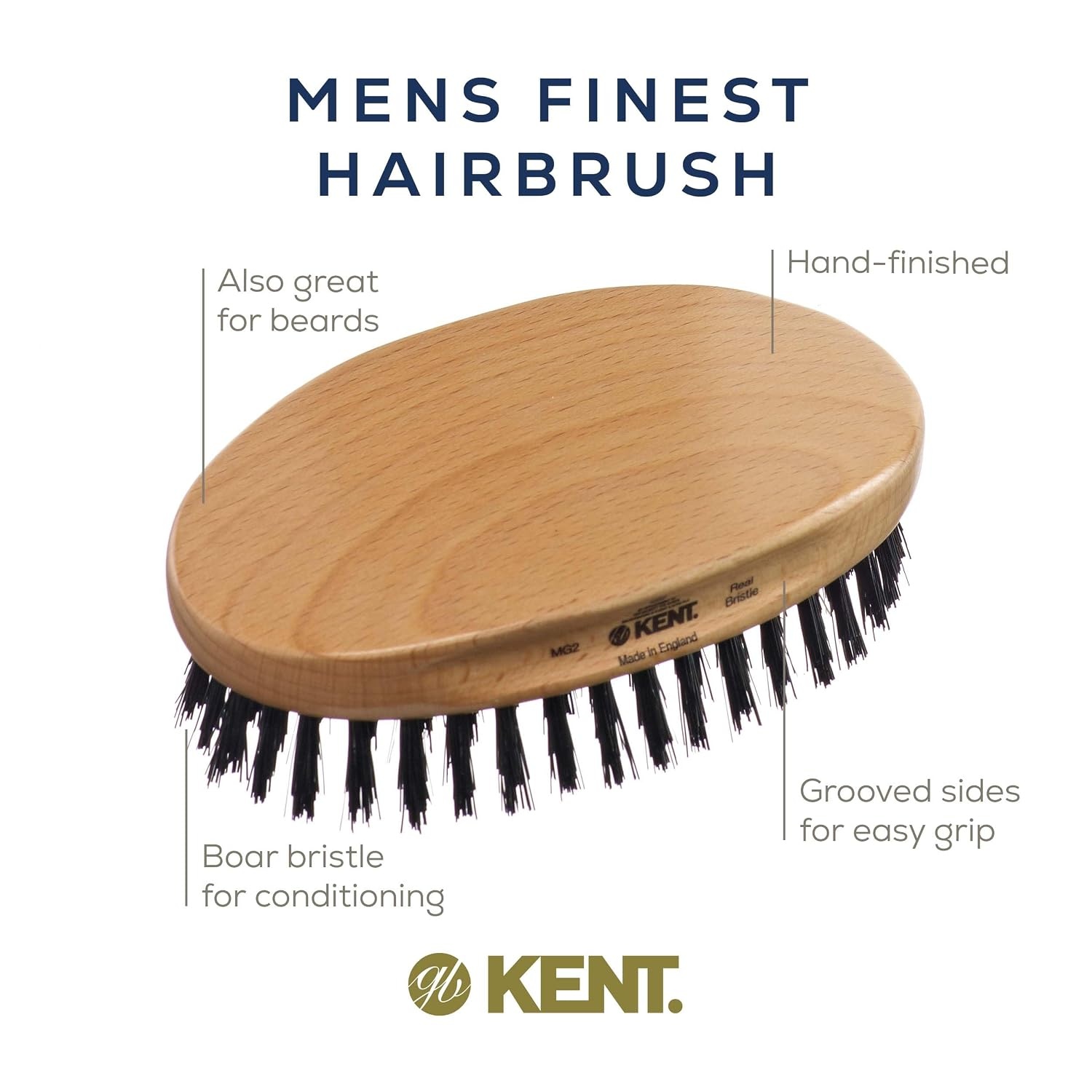 image:imageKent MG2 Boar Bristle Hair Brush for Men Military Brush with Natural Boar Bristles for Mens Grooming for All Hair Types 360 Wave Brush Travel side for beard and mustacheMG2